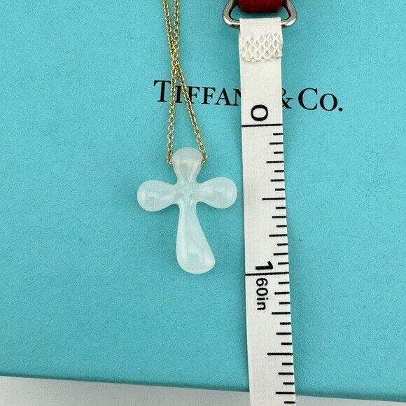 Tiffany & Co. Elsa Peretti White Jade Cross Necklace 18k Yellow Gold 16"