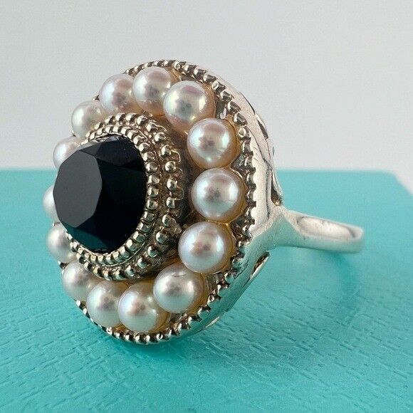 Tiffany & Co. Ziegfeld Pearl and Onyx Cocktail Ring Sterling Silver Size 5.5