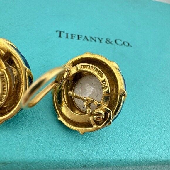Vintage Tiffany & Co. Mabe Pearl Clip Earrings Blue Enamel 18k Yellow Gold 23g