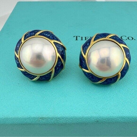 Vintage Tiffany & Co. Mabe Pearl Clip Earrings Blue Enamel 18k Yellow Gold 23g