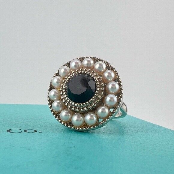 Tiffany & Co. Ziegfeld Pearl and Onyx Cocktail Ring Sterling Silver Size 5.5