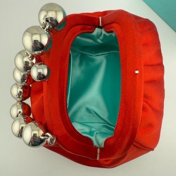 RARE Tiffany & Co. Red Satin Handbag with Silver Ball Bracelet Handle Strap