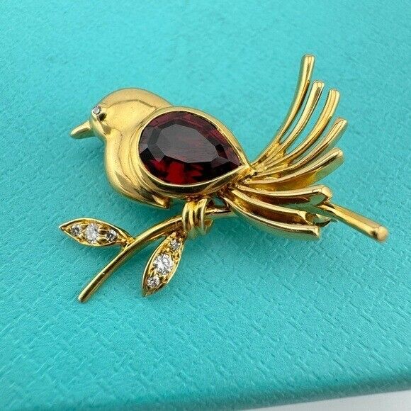 Vintage Tiffany & Co. Garnet Diamond Bird Brooch 18k Yellow Gold from 1988
