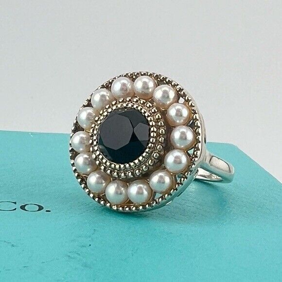 Tiffany & Co. Ziegfeld Pearl and Onyx Cocktail Ring Sterling Silver Size 5.5