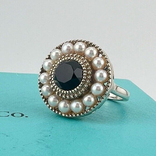 Tiffany & Co. Ziegfeld Pearl and Onyx Cocktail Ring Sterling Silver Size 5.5