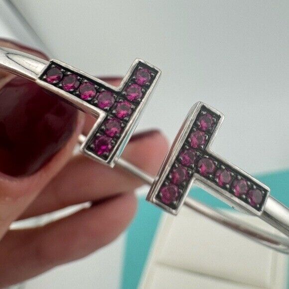 Tiffany & Co. 18k Ruby Tiffany T Square Bracelet Bangle in White Gold