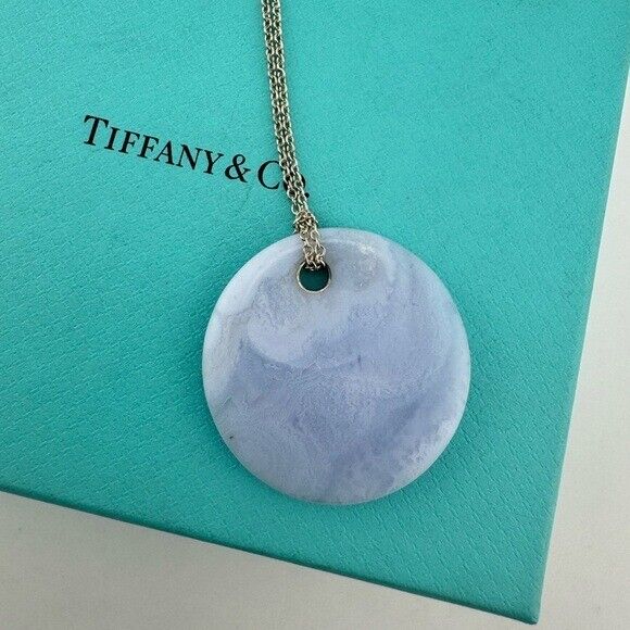 RARE Tiffany & Co. 35mm Blue Lace Agate Disc Mesh Necklace Elsa Peretti