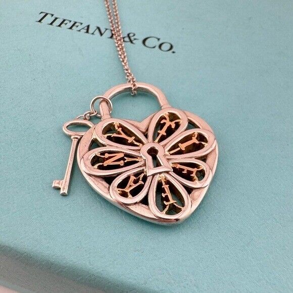 RARE Tiffany & Co. Two-Tone Filigree Heart Necklace 18k and Sterling Silver