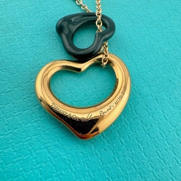 Tiffany & Co. 18K Rose Gold Black Jade Open Heart Necklace 16"