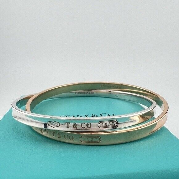 RARE Tiffany & Co. 18k Rose Gold & Silver Interlocking 1837 Bangles Bracelet
