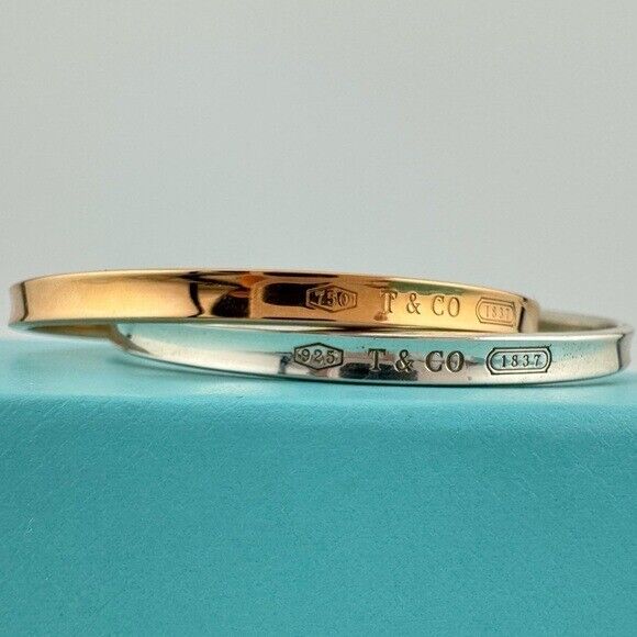 RARE Tiffany & Co. 18k Rose Gold & Silver Interlocking 1837 Bangles Bracelet