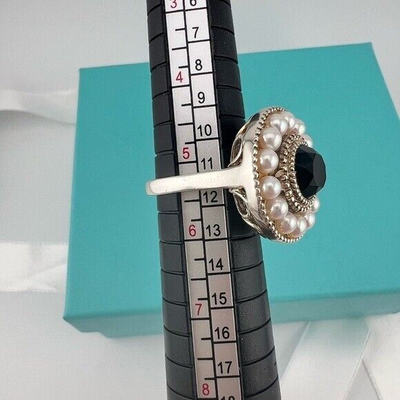 Tiffany & Co. Ziegfeld Pearl and Onyx Cocktail Ring Sterling Silver Size 5.5