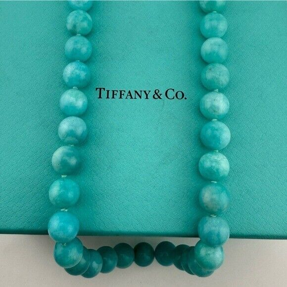 RARE Tiffany & Co. 10mm Amazonite Gemstone Necklace 18" Sterling Silver