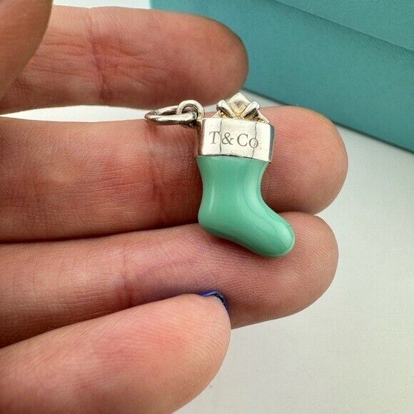 RARE Tiffany & Co Holiday Stocking Sock Charm in Blue Enamel, Sterling Silver