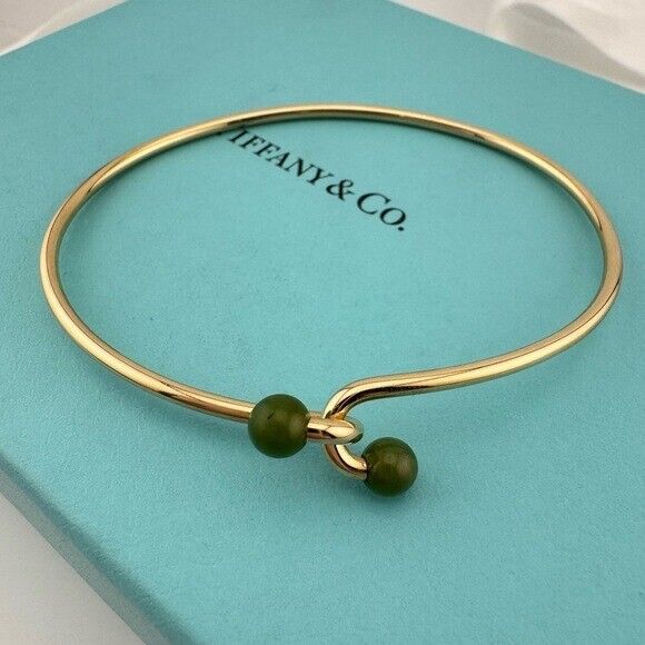 Vtg Tiffany & Co. Jade Bead Wire Bangle Bracelet in 14k Yellow Gold