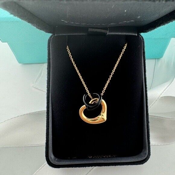 Tiffany & Co. 18K Rose Gold Black Jade Open Heart Necklace 16"