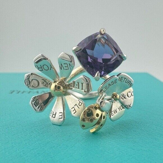 RARE Tiffany & Co. Love Bug Ladybug Cluster Ring with Amethyst 18k and Silver