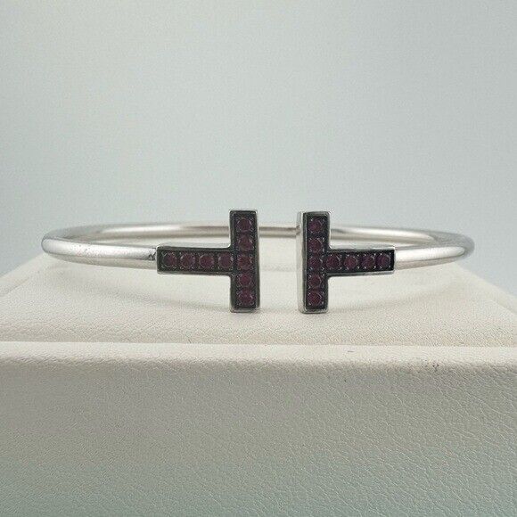 Tiffany & Co. 18k Ruby Tiffany T Square Bracelet Bangle in White Gold