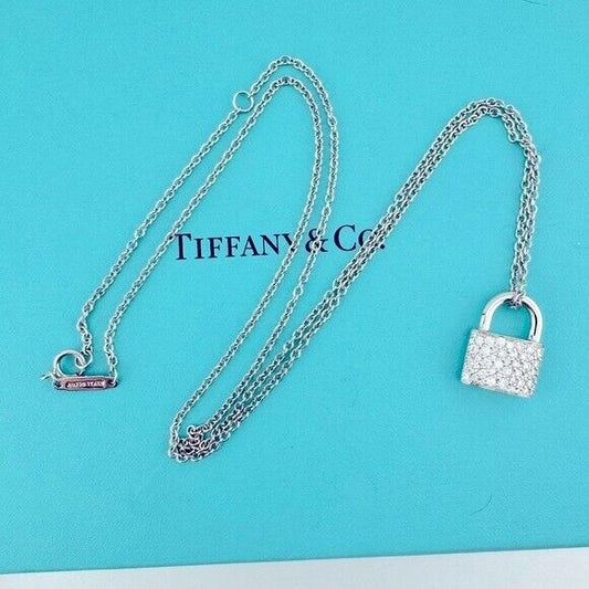 RARE Tiffany & Co. 18k Pave Diamond Padlock Necklace White Gold