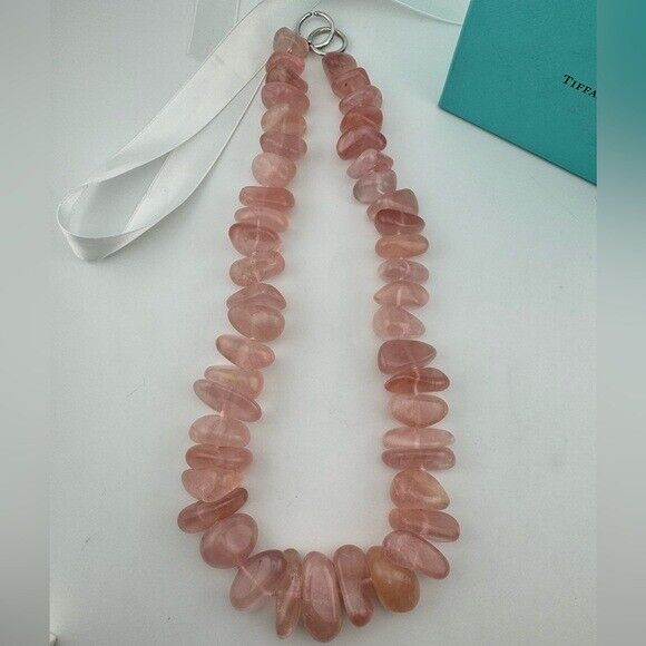 RARE Vtg. Tiffany & Co. Graduated Freeform Rondelle Rose Quartz Bead Necklace