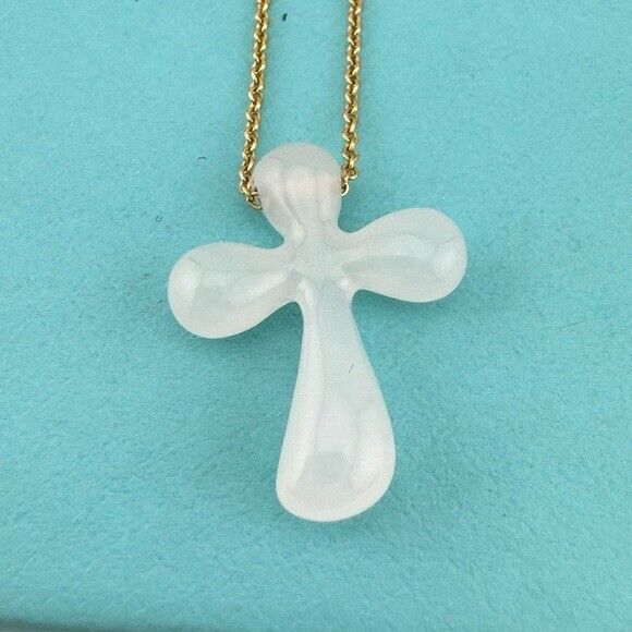 Tiffany & Co. Elsa Peretti White Jade Cross Necklace 18k Yellow Gold 16"