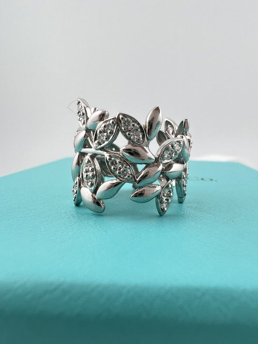 +$7500 Tiffany & Co 18k Diamond Olive Leaf Wide Band Ring White Gold 7.5g