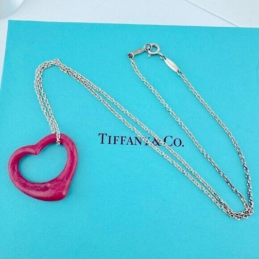 RARE Tiffany & Co. 27mm Pink Rhodonite Open Heart Pendant Necklace 18"