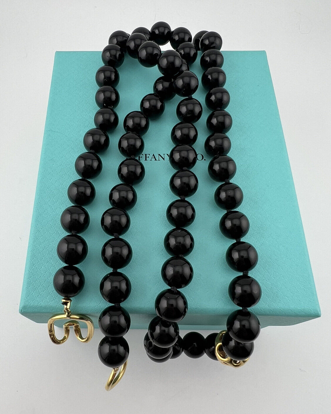 1990 Vintage Tiffany & Co. 18k Onyx Bead Necklace w Yellow Gold Accents