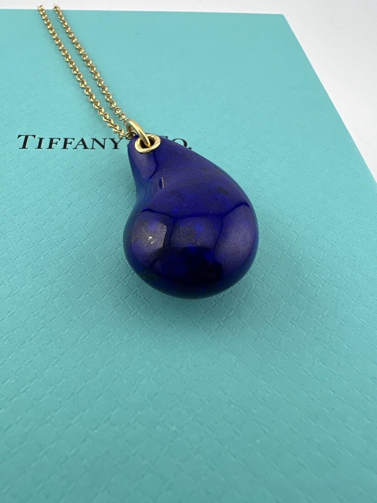 Tiffany & Co. Large Lapis Lazuli Teardrop Necklace 18k Yellow Gold 24"