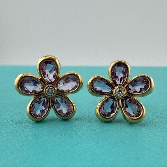 RARE Tiffany & Co. 18k Amethyst Diamond Garden Flower Earrings Yellow Gold