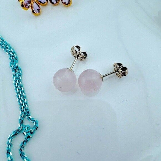 RARE Tiffany & Co. 8mm Rose Quartz Bead Stud Earrings in Silver
