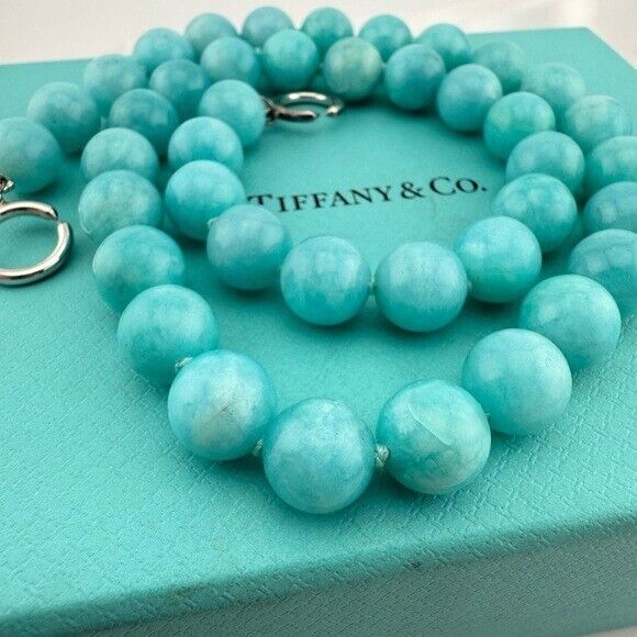 RARE Tiffany & Co. 10mm Amazonite Gemstone Necklace 18" Sterling Silver