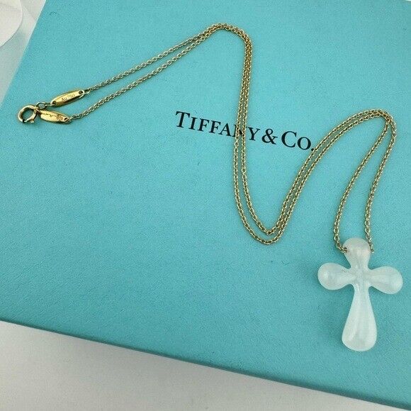 Tiffany & Co. Elsa Peretti White Jade Cross Necklace 18k Yellow Gold 16"
