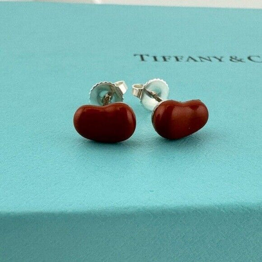 RARE Tiffany & Co. 9mm Red Jasper Bean Earrings Sterling Silver Elsa Peretti