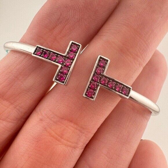 Tiffany & Co. 18k Ruby Tiffany T Square Bracelet Bangle in White Gold