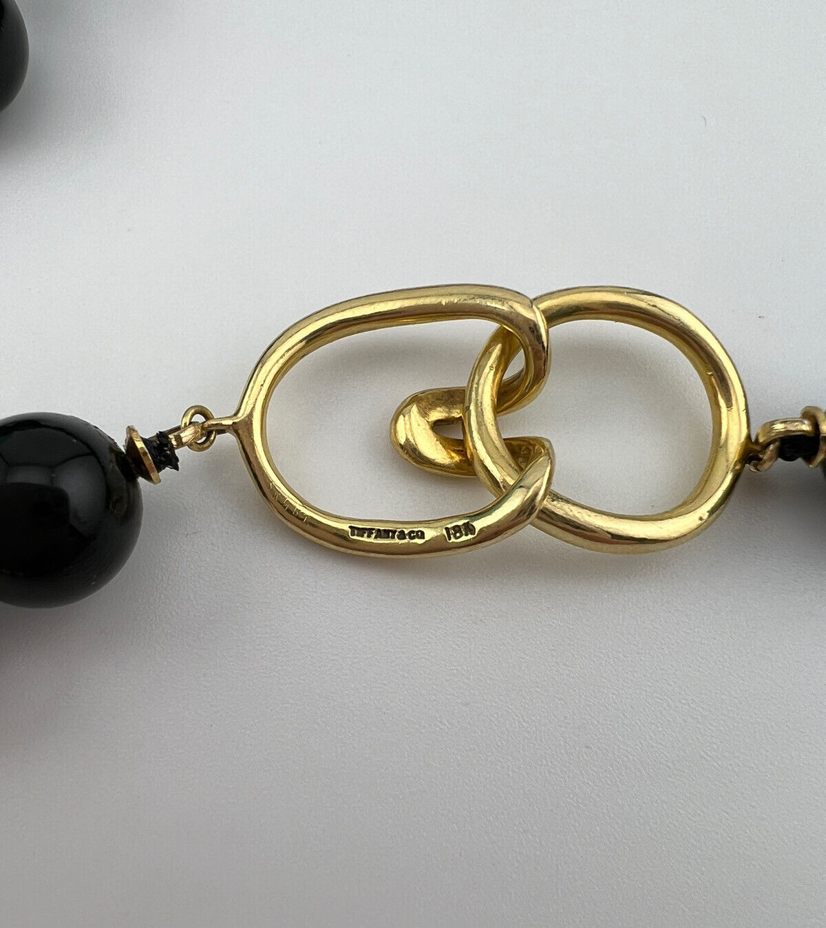 1990 Vintage Tiffany & Co. 18k Onyx Bead Necklace w Yellow Gold Accents