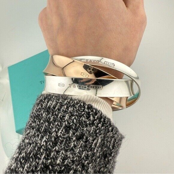 SUPER RARE Tiffany & Co. 1837 Interlocking Rubedo & Silver Bangles Bracelet