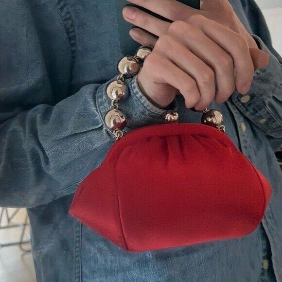 RARE Tiffany & Co. Red Satin Handbag with Silver Ball Bracelet Handle Strap