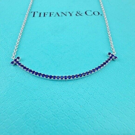 Tiffany & Co. Blue Sapphire Smile Necklace Small 18k White Gold 16"