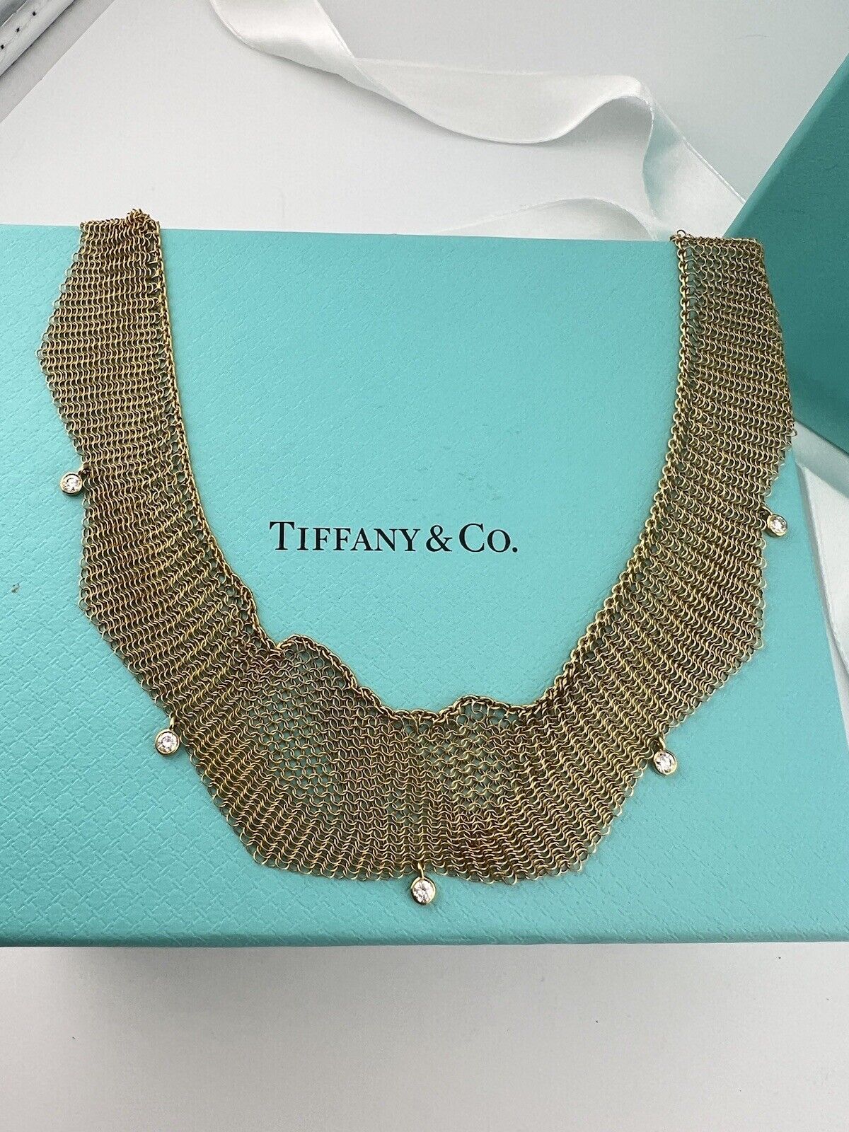 RARE Tiffany & Co. Mesh Necklace with Diamonds Elsa Peretti 18k Yellow Gold