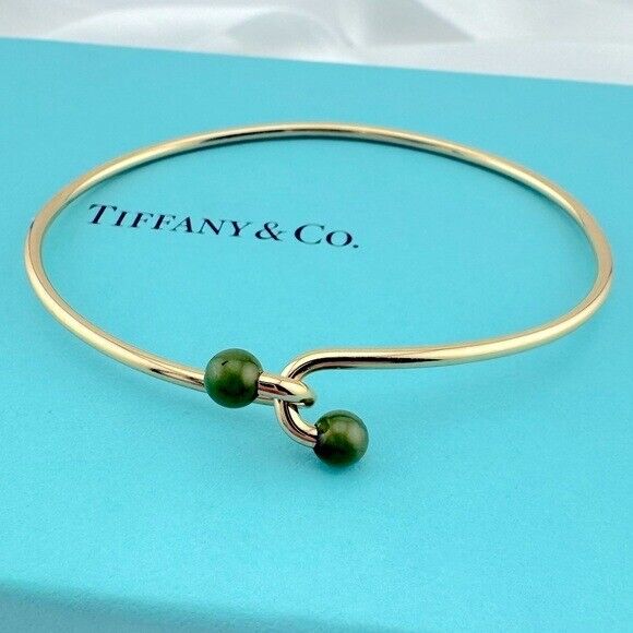 Vtg Tiffany & Co. Jade Bead Wire Bangle Bracelet in 14k Yellow Gold