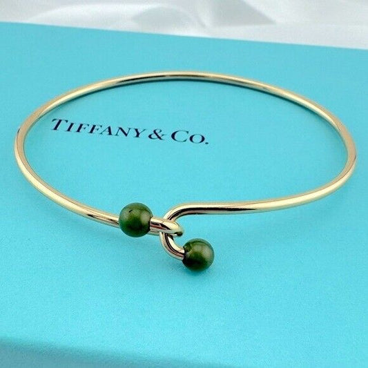 Vtg Tiffany & Co. Jade Bead Wire Bangle Bracelet in 14k Yellow Gold