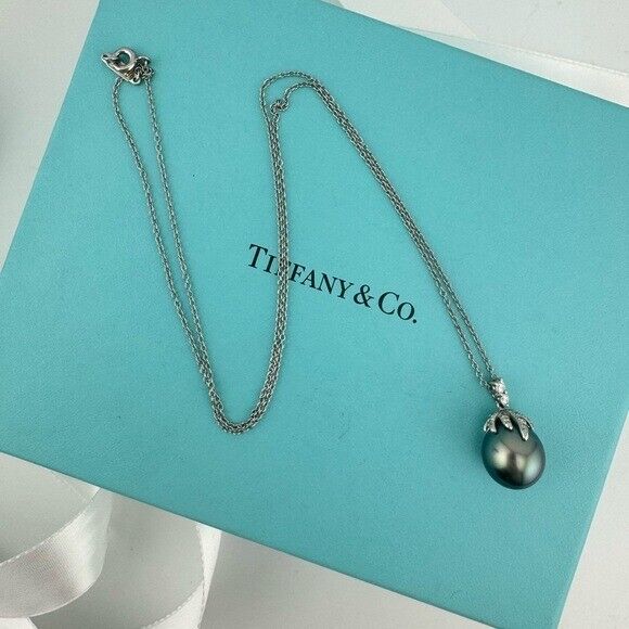 Tiffany & Co. Fireworks Platinum Tahitian Pearl & Diamond Pendant Necklace 18"