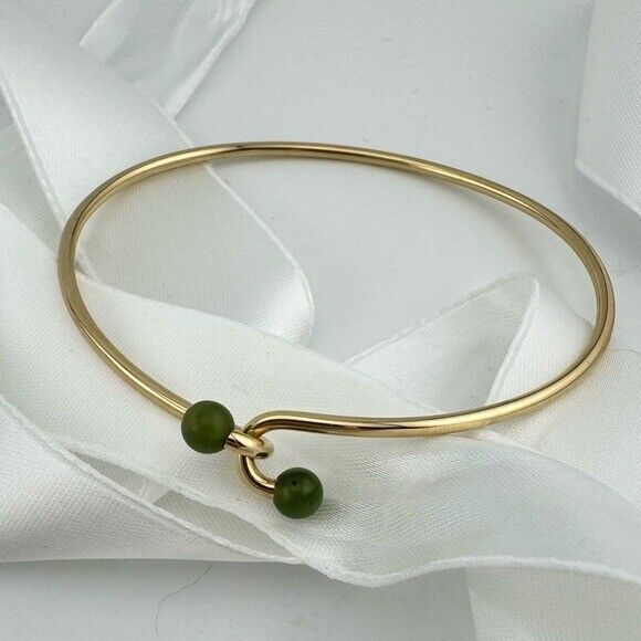 Vtg Tiffany & Co. Jade Bead Wire Bangle Bracelet in 14k Yellow Gold