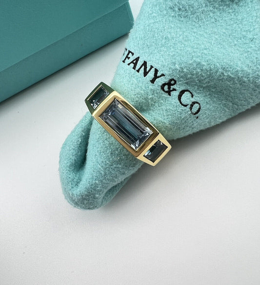 Tiffany & Co. Paloma's Studio Baguette Three-stone Ring Blue Topaz 18k Gold