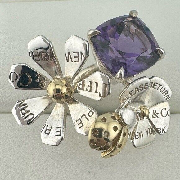 RARE Tiffany & Co. Love Bug Ladybug Cluster Ring with Amethyst 18k and Silver