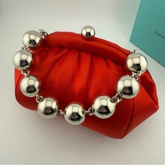 RARE Tiffany & Co. Red Satin Handbag with Silver Ball Bracelet Handle Strap
