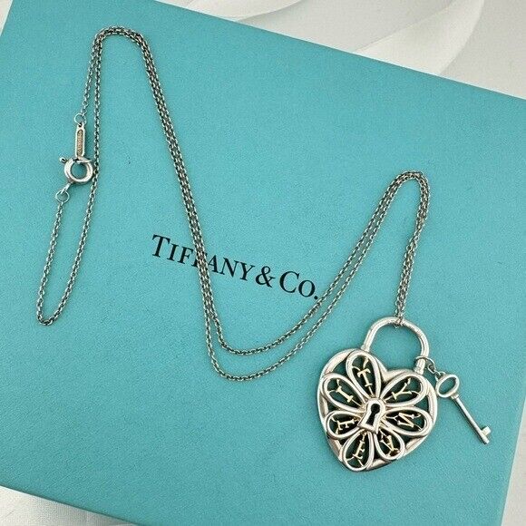 RARE Tiffany & Co. Two-Tone Filigree Heart Necklace 18k and Sterling Silver