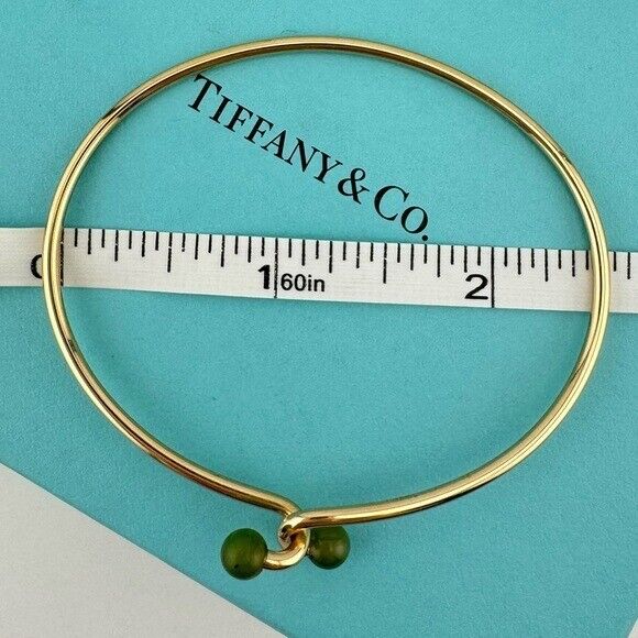 Vtg Tiffany & Co. Jade Bead Wire Bangle Bracelet in 14k Yellow Gold