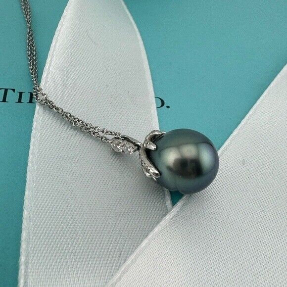 Tiffany & Co. Fireworks Platinum Tahitian Pearl & Diamond Pendant Necklace 18"